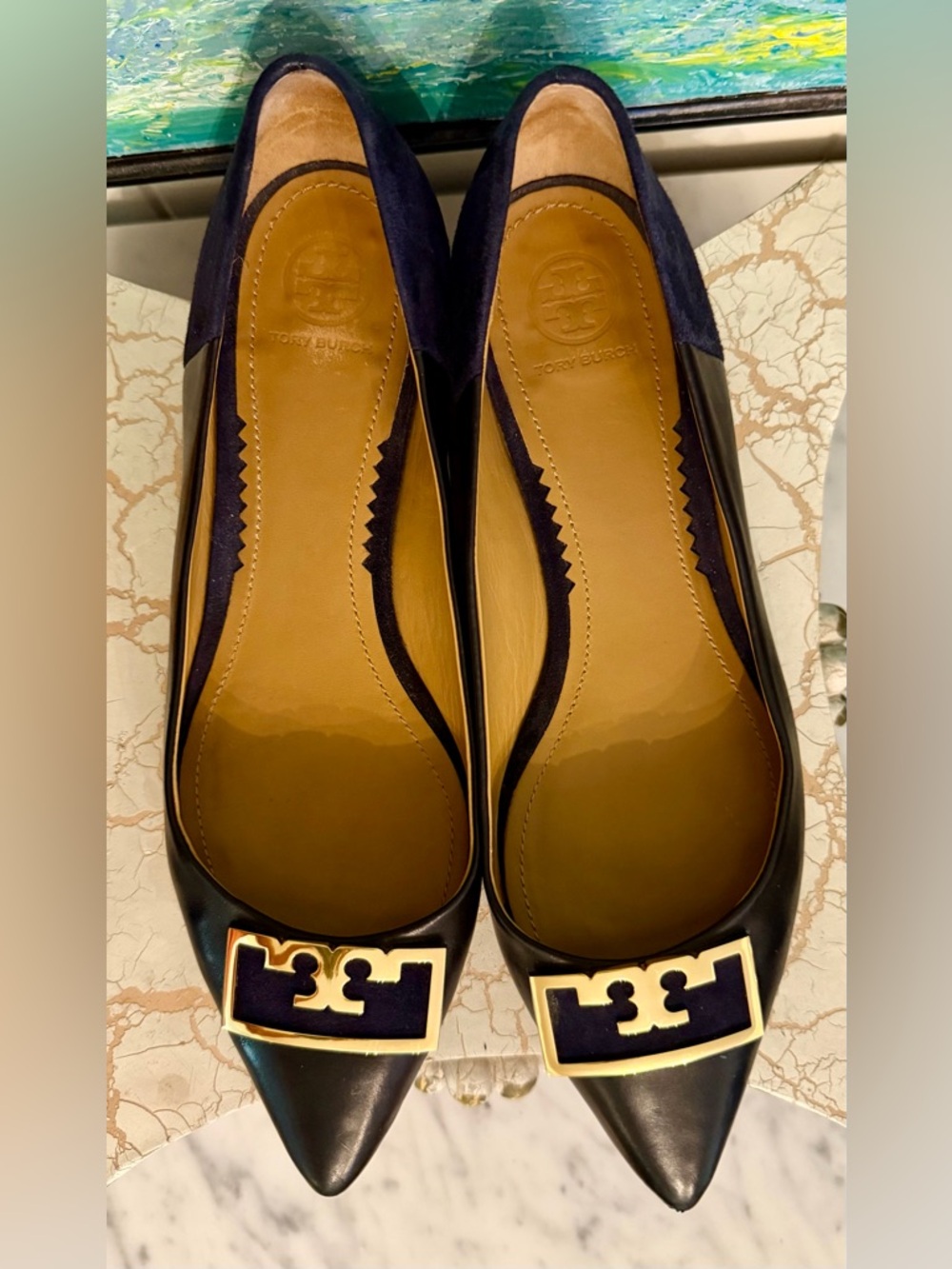 Tory Burch Gigi Black Pointed Toe Flats with Gold Logo